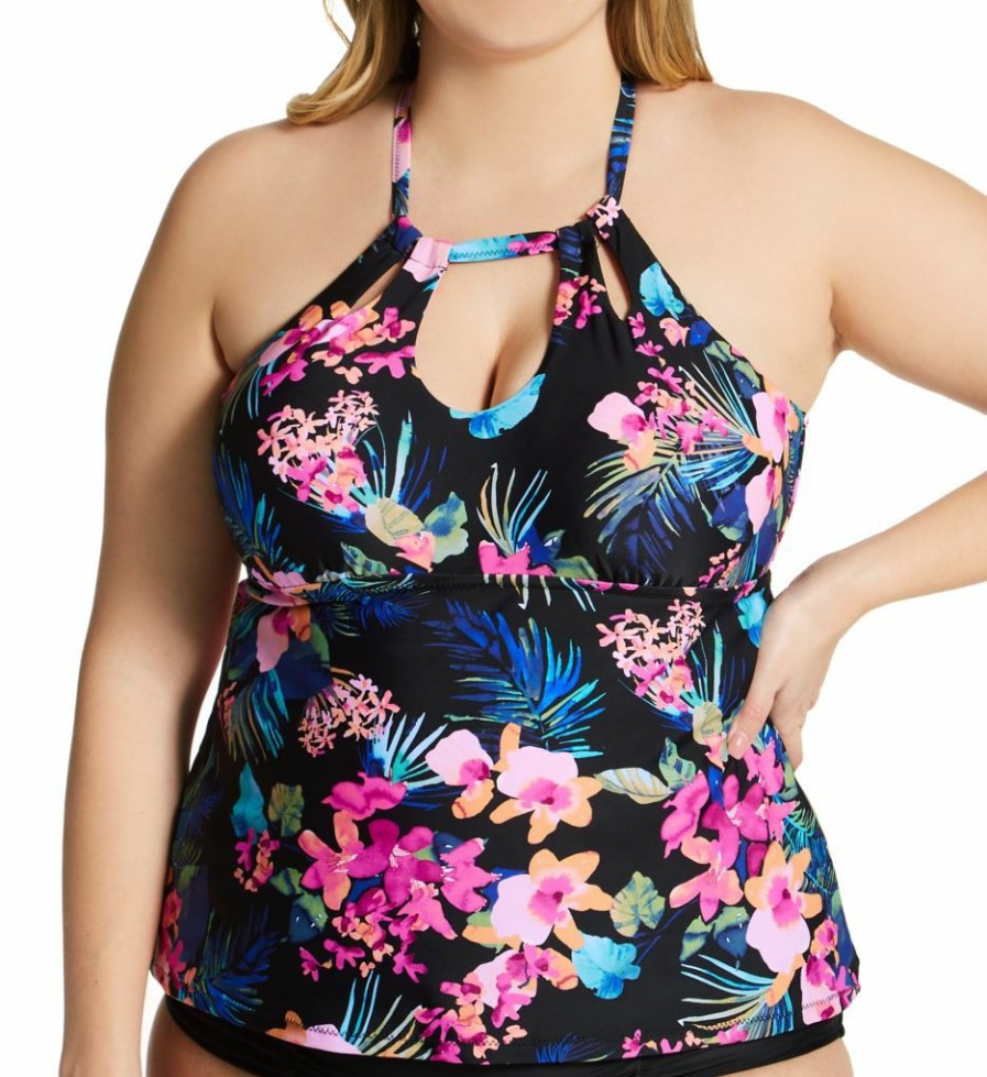 Swimwear * | Fashionable Raisins Curve Plus Size Freshwater Rosalie Tankini Swim Top G840215 Blacksand