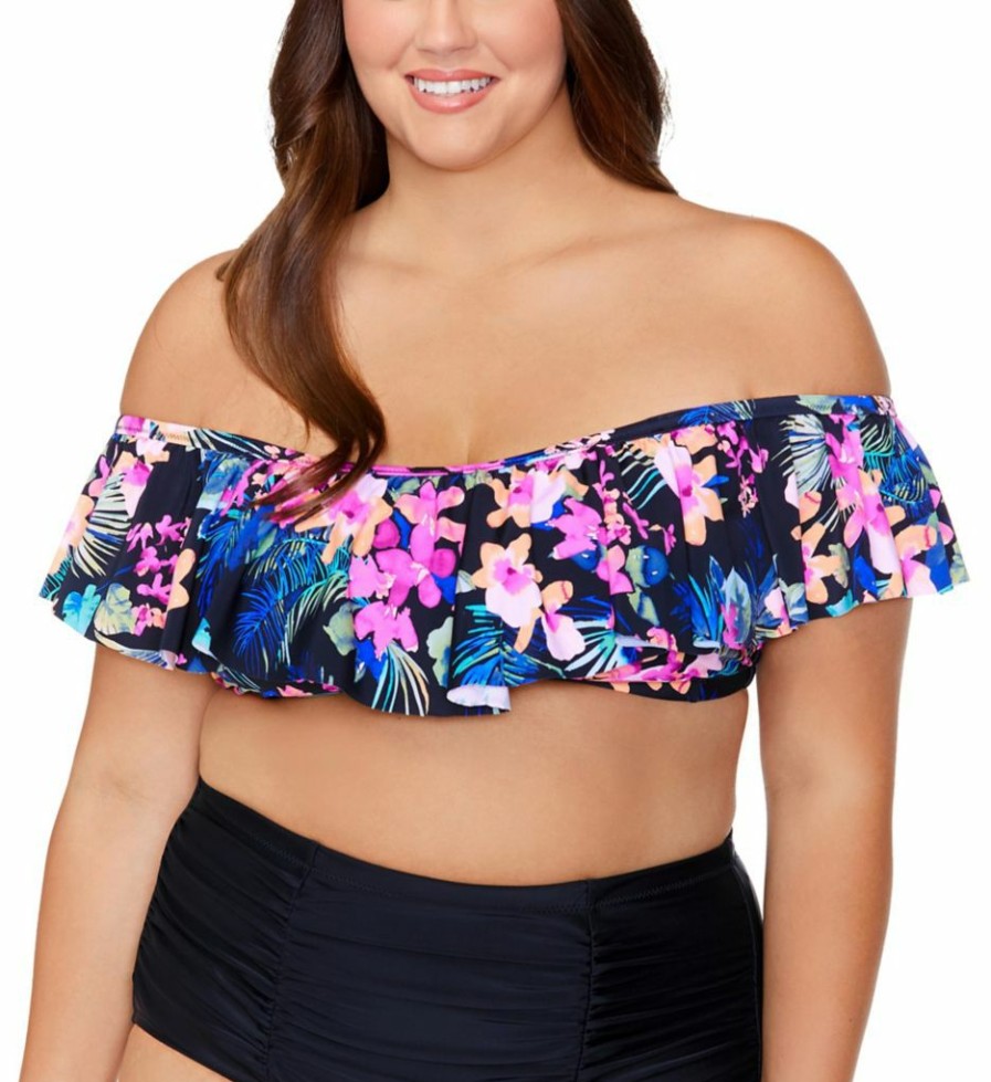 Swimwear * | Exclusive Raisins Curve Plus Size Freshwater Tortuga Bra Swim Top G840227 Blacksand