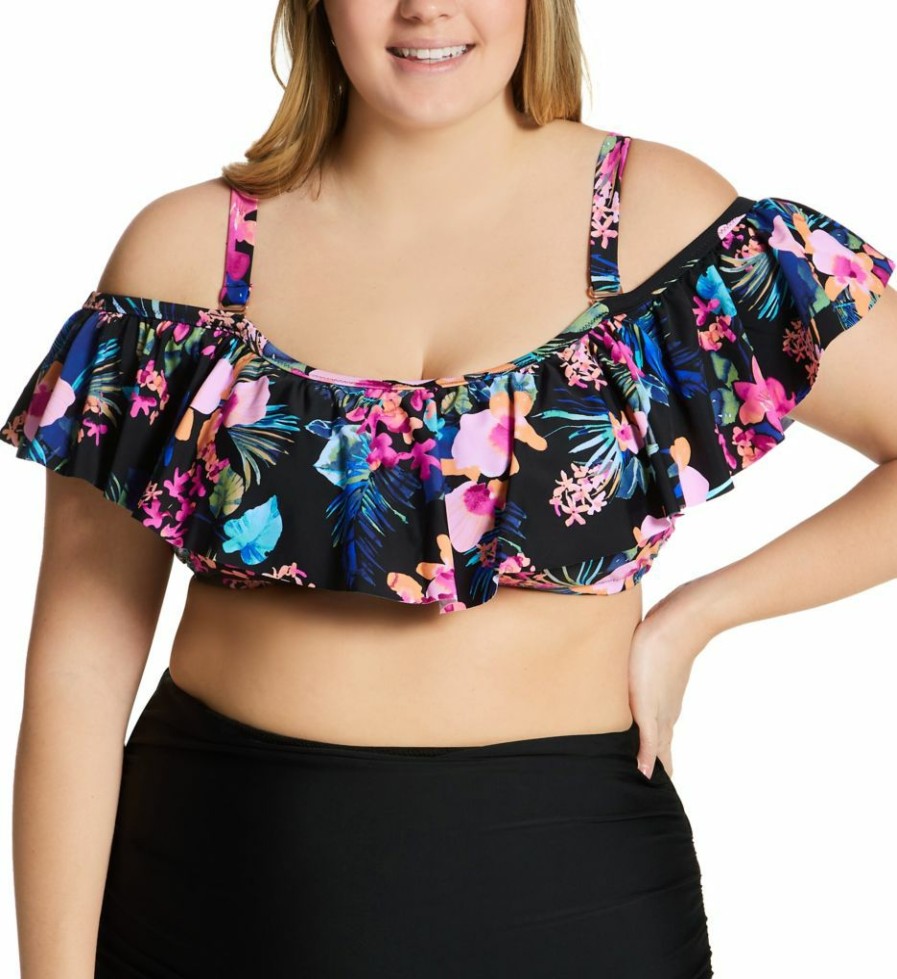 Swimwear * | Exclusive Raisins Curve Plus Size Freshwater Tortuga Bra Swim Top G840227 Blacksand