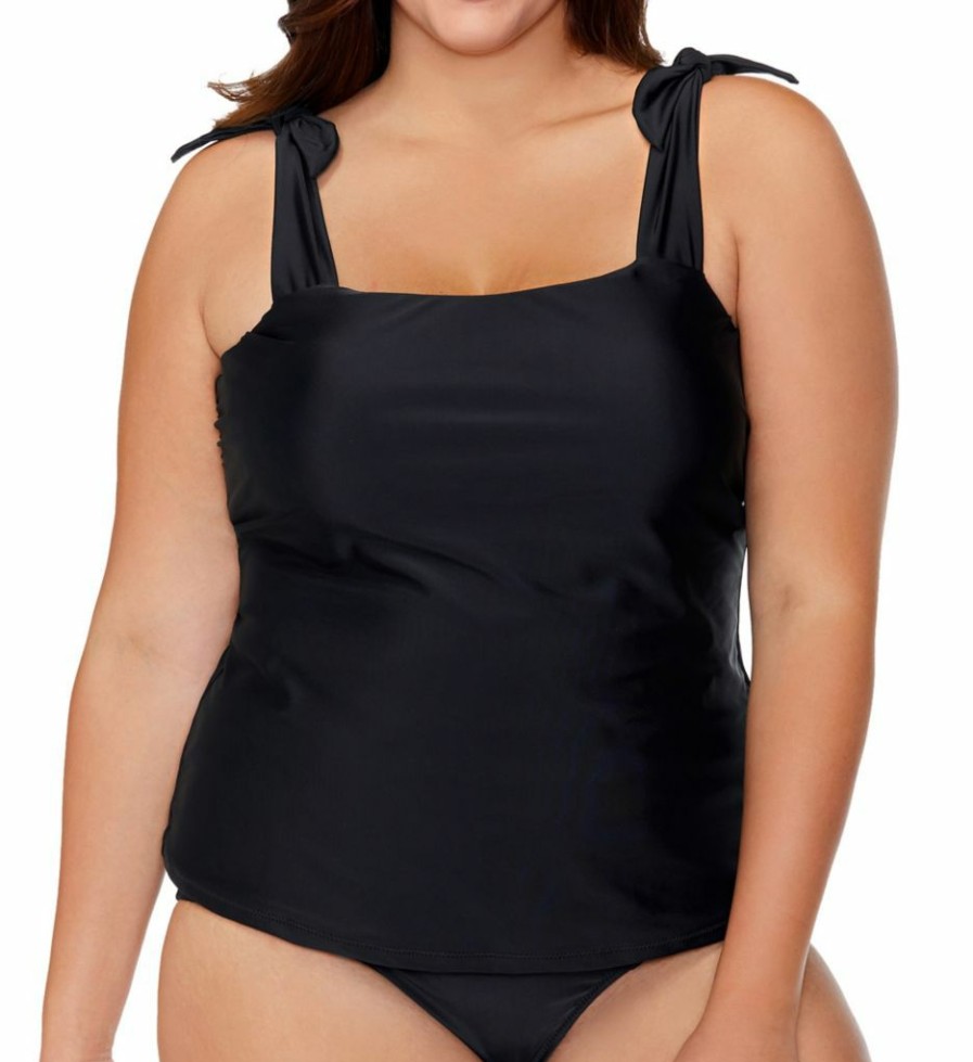 Swimwear * | Fashionable Raisins Curve Plus Size Calina Solids Tiempo Tankini Swim Top G840011 Black