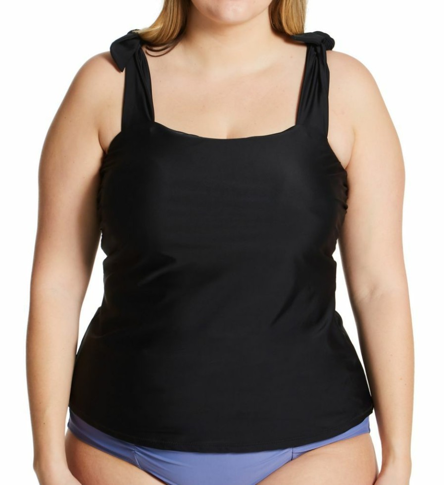 Swimwear * | Fashionable Raisins Curve Plus Size Calina Solids Tiempo Tankini Swim Top G840011 Black